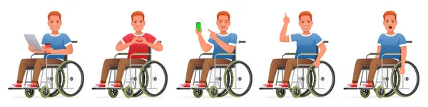 Tekerlekli Sandalyedeki Bir Grup Mutlu Engelli Insan Tekerlekli Sandalyede Elinde — Stok Vektör