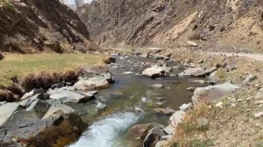 Temiz suyla en temiz dağ soğuk deresinin güzel manzarası. Nehir yol boyunca resim gibi bir vadide akar. Kırgızistan 'ın inanılmaz doğası.