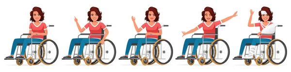 Zestaw Szczęśliwej Niepełnosprawnej Osoby Wózku Inwalidzkim Młoda Dziewczyna Zabandażowaną Głową — Wektor stockowy
