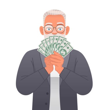 Elinde para olan yaşlı, yakışıklı, beyaz saçlı bir adam. Yaşlı, şaşırmış bir adam ağzını dolar banknotlarıyla kapatıyor. Düşünen bir iş adamı. Beyaz arkaplanda vektör illüstrasyonu.