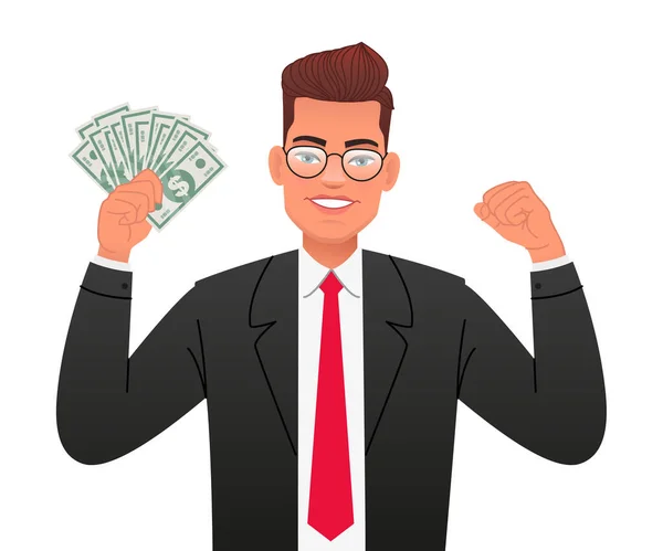 Happy Businessman Young Man Glasses Holds Dollar Bills His Hand — Stock Vector