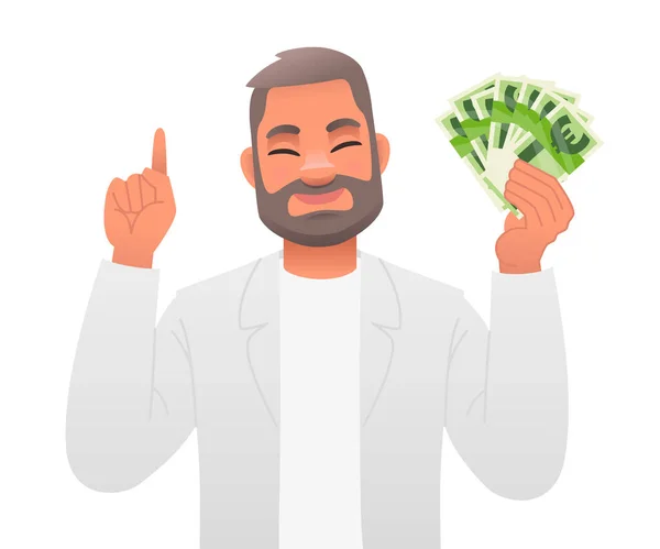 Adult Bearded Man Holds Euro Banknotes His Hand Points Something — Stock Vector