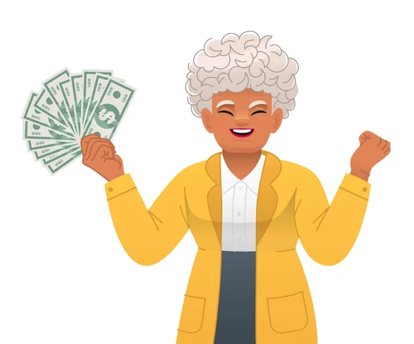 Old African Woman Holds Dollar Bills Her Hand Beautiful Gray — Stock Vector