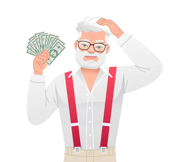 Elderly Man Pondered Dollar Bills His Hand Handsome Old Gray — Stock Vector