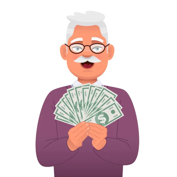 Grandfather Happy Win Lottery Handsome Old Gray Haired Man Money — Stock Vector