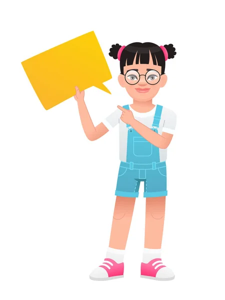 Ένα Χαριτωμένο Κοριτσάκι Γυαλιά Κρατά Μια Κίτρινη Άδεια Ορθογώνια Φούσκα — Διανυσματικό Αρχείο
