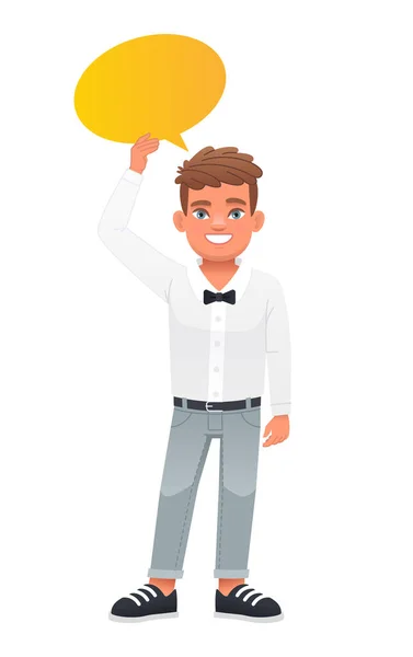 一个穿着白衬衫 打着领结的男孩手里拿着一个黄色的 椭圆形的话筒 儿童意见的概念 男孩的问题 白色背景上的矢量说明 — 图库矢量图片
