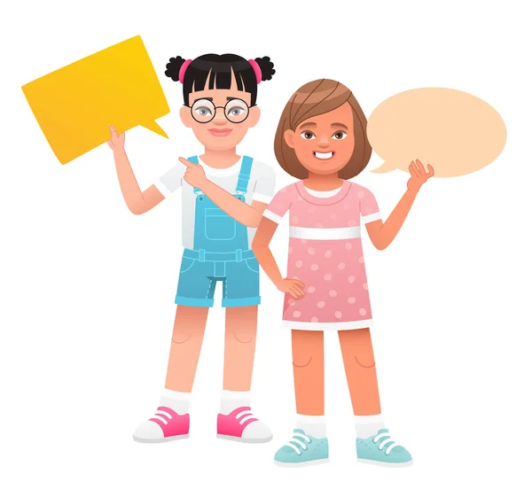 Twee Kleine Meisjes Hebben Lege Spraakbelletjes Hun Handen Het Begrip — Stockvector