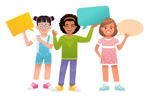 Een Groep Van Drie Kleine Meisjes Houden Lege Spraakbelletjes Hun — Stockvector