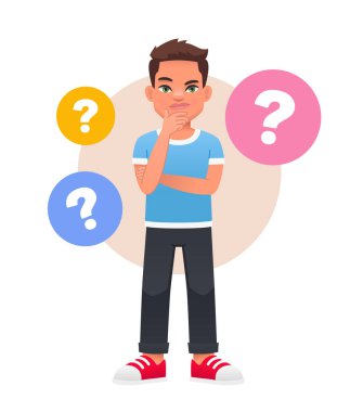 Soru baloncuklarıyla çevrili bir çocuk. Çocuk sorunları. Küçük çocuğun bir sorusu var. Düşünceli bir okul çocuğunun portresi. Zeki, düşünen, problem çözücü. Vektör çizgi film illüstrasyonu.