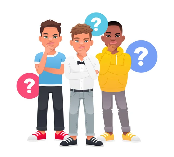 Little Boys Have Questions Portrait Three Thoughtful Schoolchildren Group Three — Stock Vector