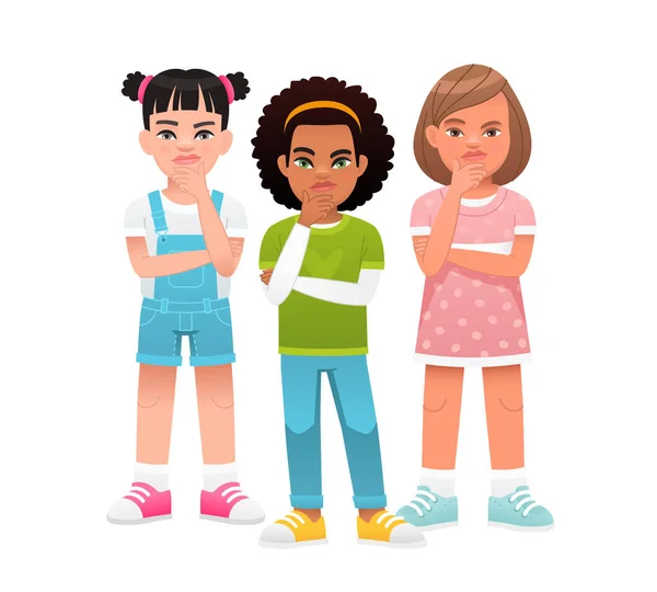 Kinderprobleme Drei Kleine Mädchen Haben Fragen Porträt Nachdenklicher Schulkinder Kluge — Stockvektor