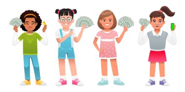 Dört mutlu kız ellerinde dolar banknotları tutuyor. Bir grup küçük iş kadını. Ellerinde para olan güzel çocuklar. Beyaz arkaplanda vektör karikatür çizimi.