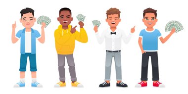 Ellerinde para olan güzel çocuklar. Bir grup küçük iş adamı. Dört mutlu çocuk ellerinde dolar banknotları tutuyor. Beyaz arkaplanda vektör karikatür çizimi.