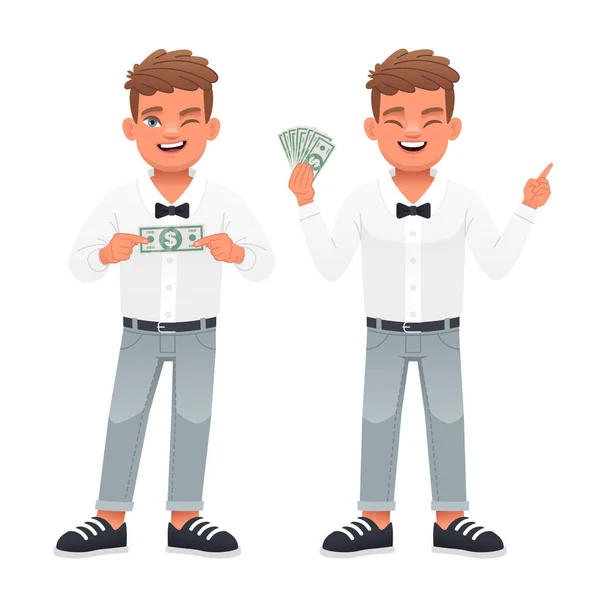 Μικρέ Επιχειρηματία Ένα Χαρούμενο Αγόρι Κρατάει Χαρτονομίσματα Στο Χέρι Του — Διανυσματικό Αρχείο