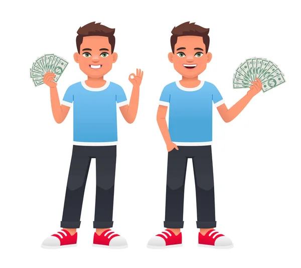 Boy Holds Dollar Bills His Hand Shows Sign His Other — Stock Vector