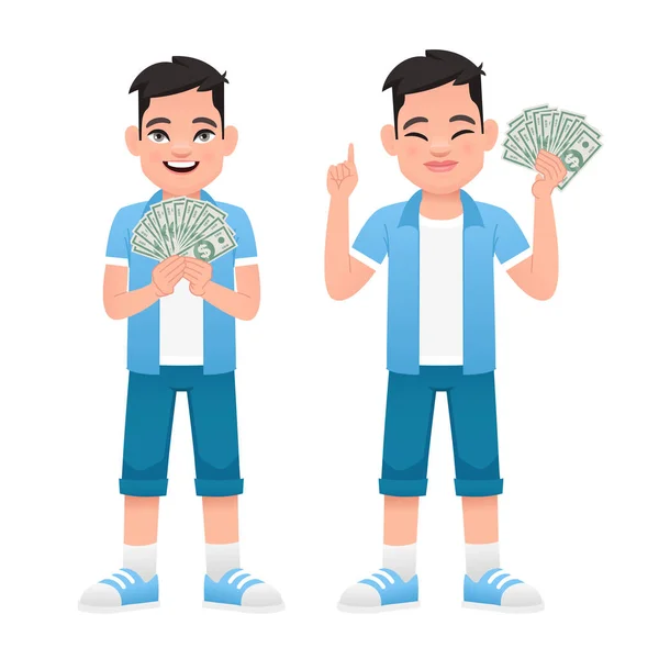 Little Boy Holds Dollar Bills His Hand Beautiful Child Money — Stock Vector
