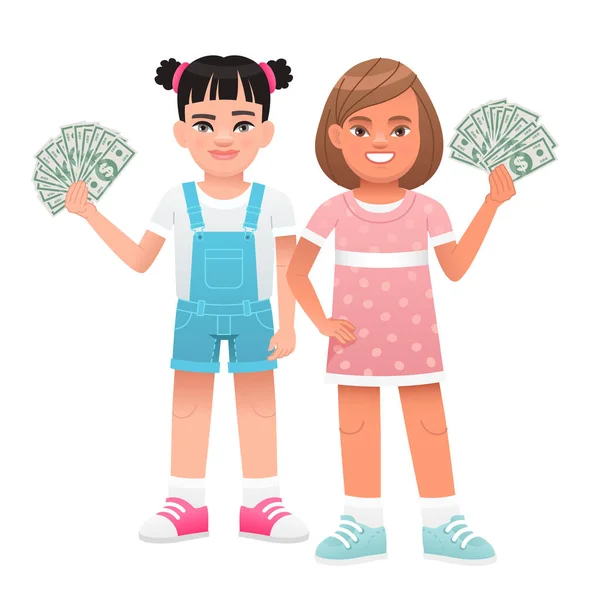 Dos Chicas Felices Tienen Billetes Dólar Sus Manos Pequeñas Empresarias — Vector de stock