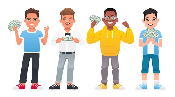 Set Small Businessmen Four Happy Boys Holding Dollar Bills Hands — Stock Vector