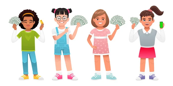 Four Happy Girls Holding Dollar Bills Hands Set Small Businesswomen — Stock Vector