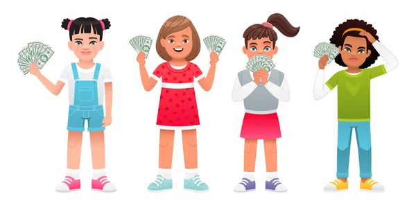Een Stel Kleine Zakenvrouwen Mooie Kinderen Met Geld Hun Handen — Stockvector