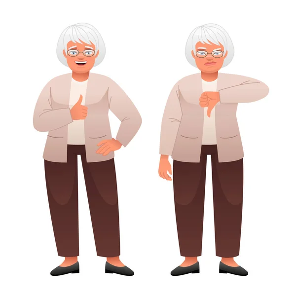 Elderly Gray Haired Woman Glasses Shows Gesture Approval Disapproval Likes — Stock Vector