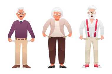 Cepleri boş bir grup yaşlı insan. Para yok. Cepleri boşalmış yaşlı, kır saçlı bir büyükanne. Dedemin parası yok. Beyaz arkaplanda vektör karikatür çizimi.