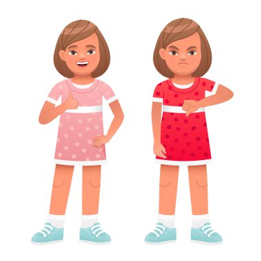 Küçük kız bir onay ve hoşnutsuzluk jesti gösteriyor. Seviyor ve sevmiyor. İyi ve kötü. Beyaz arkaplanda çizgi film tarzında vektör illüstrasyonu.