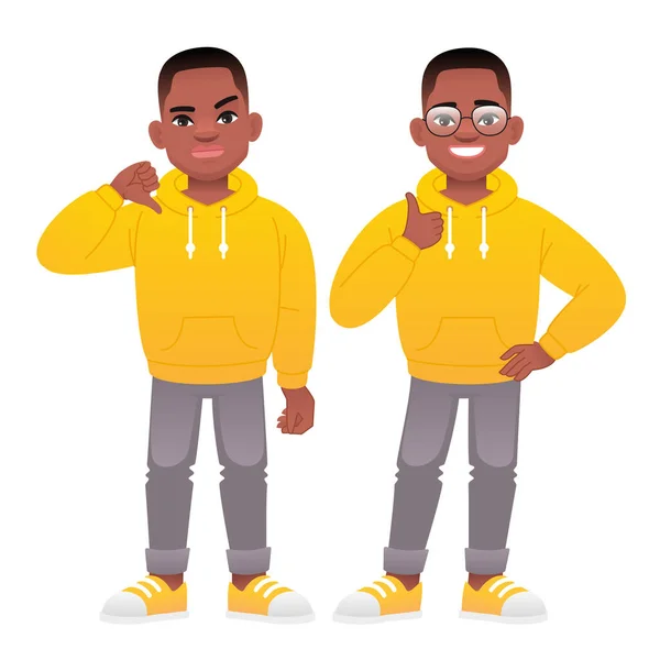 Little Black African Boy Shows Gesture Approval Disapproval Likes Dislikes — Stock Vector