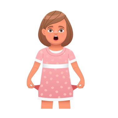 Cepleri boş küçük bir kız. Parasız bir çocuk. Para yok. Cepleri dolu bir kız. Beyaz arkaplanda vektör karikatür çizimi.