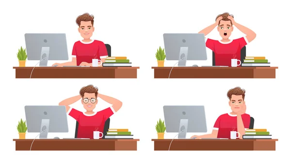 一个在电脑上工作的人商人在他的办公桌前 在计算机办公室工作的人的各种情绪 员工很恐慌 很悲伤 在休息 在白色背景上孤立的向量图 — 图库矢量图片