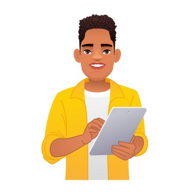 Siyah Afrikalı adamın elinde tablet bilgisayar var. İnternet sörfü ve mobil bir uygulama üzerinde çalışmak. Beyaz arkaplanda vektör karikatür çizimi.