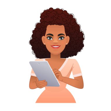 Siyah bir Afrikalı kız elinde tablet bir bilgisayar tutuyor ve diğer eliyle el kol hareketi yapıyor. İnternet sörfü ve mobil bir uygulama üzerinde çalışmak. Beyaz arkaplanda vektör karikatür çizimi.