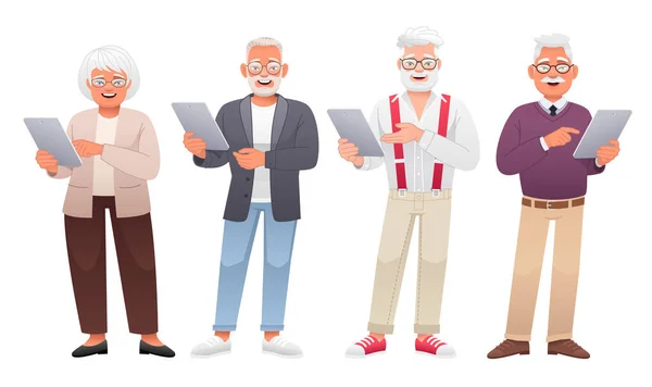 Eine Gruppe Glücklicher Älterer Männer Und Frauen Mit Einem Tablet — Stockvektor