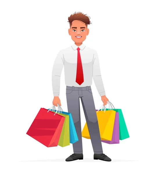 사업가가 쇼핑에서 색깔의 가방을 있습니다 포장을 남자가 쇼핑을 갑니다 배경에 — 스톡 벡터