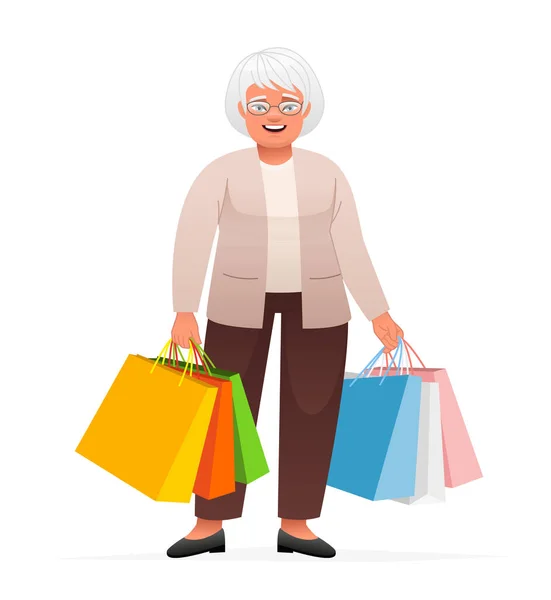 Пожилая Женщина Очках Стоит Разноцветными Бумажными Пакетами Магазина Счастливая Бабушка — стоковый вектор