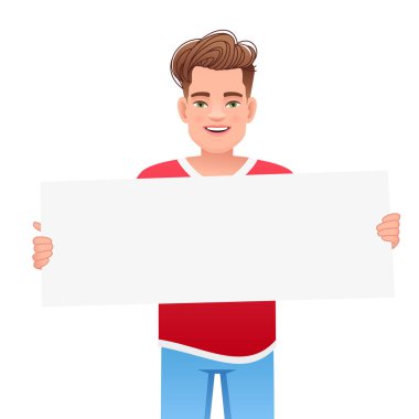 Genç adam elinde boş bir poster tutuyor. Reklam için uzatılmış beyaz bir poster. Beyaz arkaplanda çizgi film tarzında vektör illüstrasyonu.