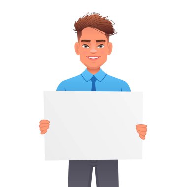 Mutlu adam boş bir poster tutuyor. Reklam için beyaz bir poster. Beyaz arkaplanda çizgi film tarzında vektör illüstrasyonu.