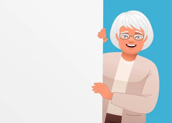 Šťastná Starší Žena Brýlemi Drží Prázdný Plakát Bílý Plakát Reklamu — Stockový vektor