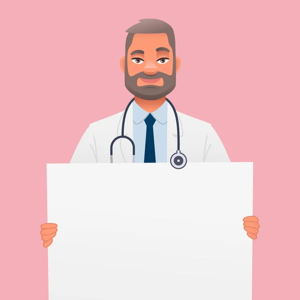 聴診器付きの白いコートの幸せな医者は空のポスターを保持します 広告用の白いポスター ピンクを背景にした漫画風のベクトルイラスト — ストックベクタ