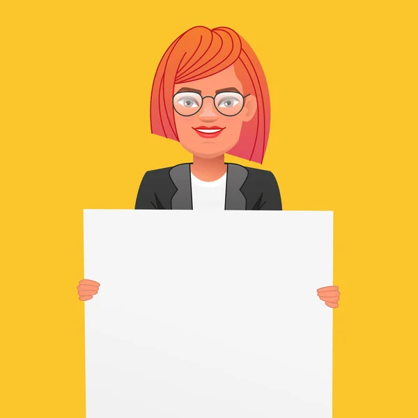 Smiling Red Haired Beautiful Girl Glasses Holds Empty Poster White — Stock Vector