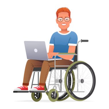 Gözlüklü mutlu kişi dizüstü bilgisayarda çalışıyor. Tekerlekli sandalyede bir adam oturuyor. Beyaz arkaplanda çizgi film tarzında vektör illüstrasyonu.