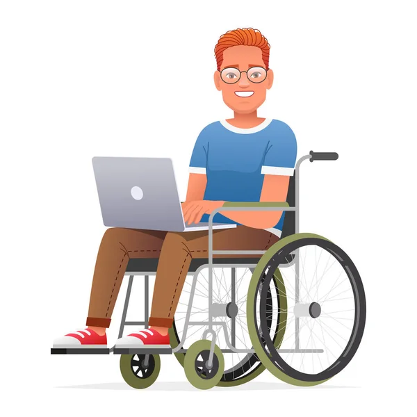 Happy Orang Cacat Dalam Kacamata Bekerja Laptop Seorang Pria Duduk - Stok Vektor