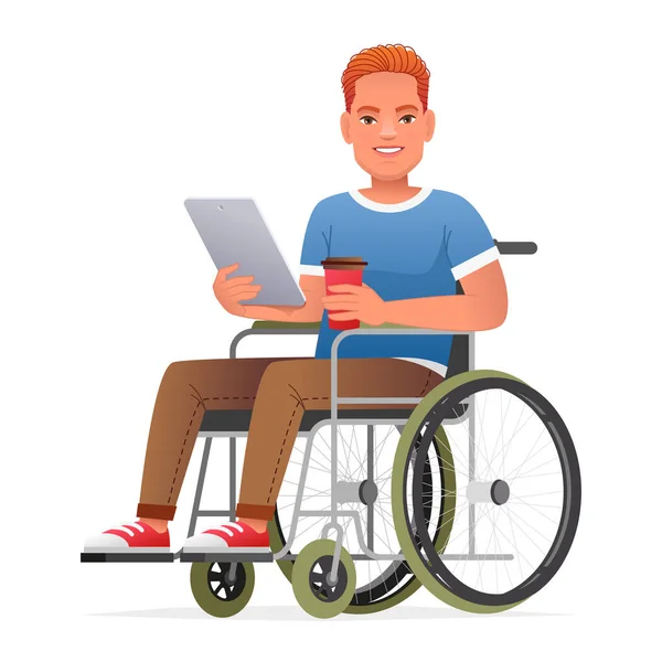 Orang Cacat Kursi Roda Memegang Tablet Dan Segelas Kopi Seorang - Stok Vektor
