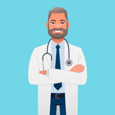 Steteskoplu beyaz önlüklü gülümseyen doktor kollarını kavuşturmuş duruyor. Mutlu başhekim terapisti. Başarılı, kendine güvenen sakallı bir adam. Mavi arkaplanda vektör karikatür çizimi.