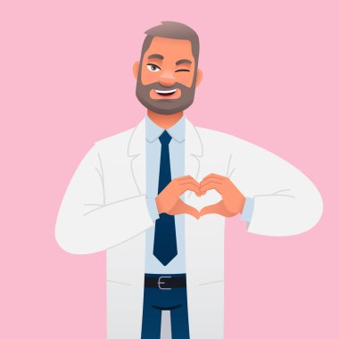 Steteskoplu beyaz önlüklü nazik doktor kalbini elinden aldı. Gülümseyen başhekim bir terapisttir. Başarılı, kendine güvenen sakallı bir adam. Pembe arkaplanda vektör karikatür çizimi.