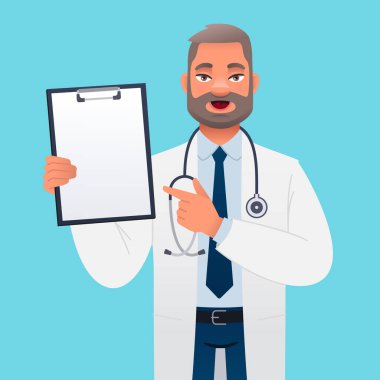 Steteskoplu beyaz önlüklü doktor elindeki belgeleri işaret ediyor. Gülümseyen başhekim bir terapisttir. Başarılı, kendine güvenen sakallı bir adam. Mavi arkaplanda vektör karikatür çizimi.