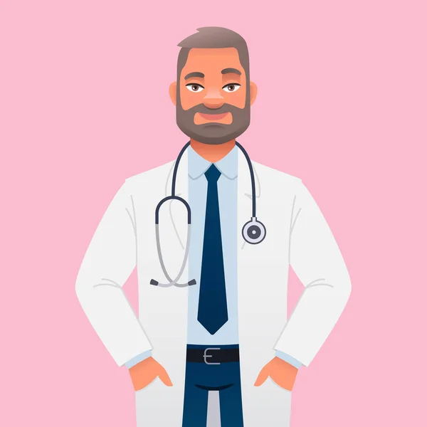 聴診器付きの白いコートの医者 笑顔の頭の医者はセラピストです 自信に満ちた髭の男だ ピンクの背景にベクトル漫画のイラスト — ストックベクタ