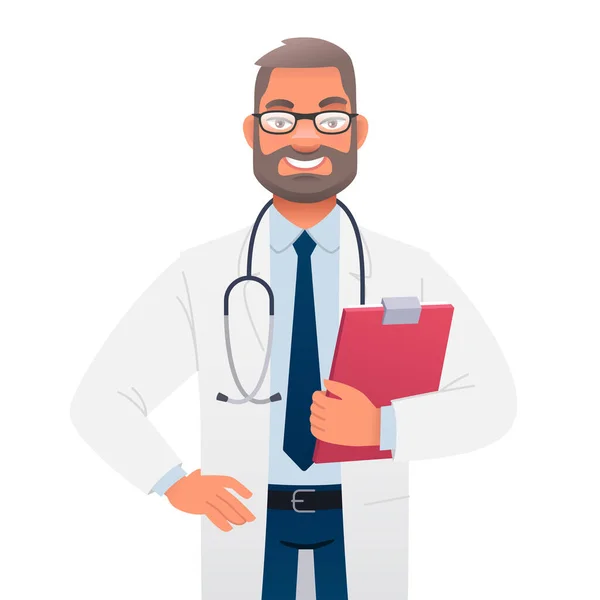 Médico Con Gafas Una Bata Blanca Con Estetoscopio Contiene Documentos — Vector de stock