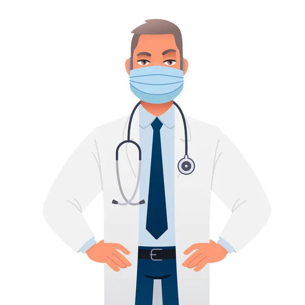 医者は保護マスクと聴診器付きの白いコートを着ている 頭医者のセラピストは彼の腰に手を置いて立っている 自信に満ちた髭の男だ 白い背景のベクトル漫画のイラスト — ストックベクタ
